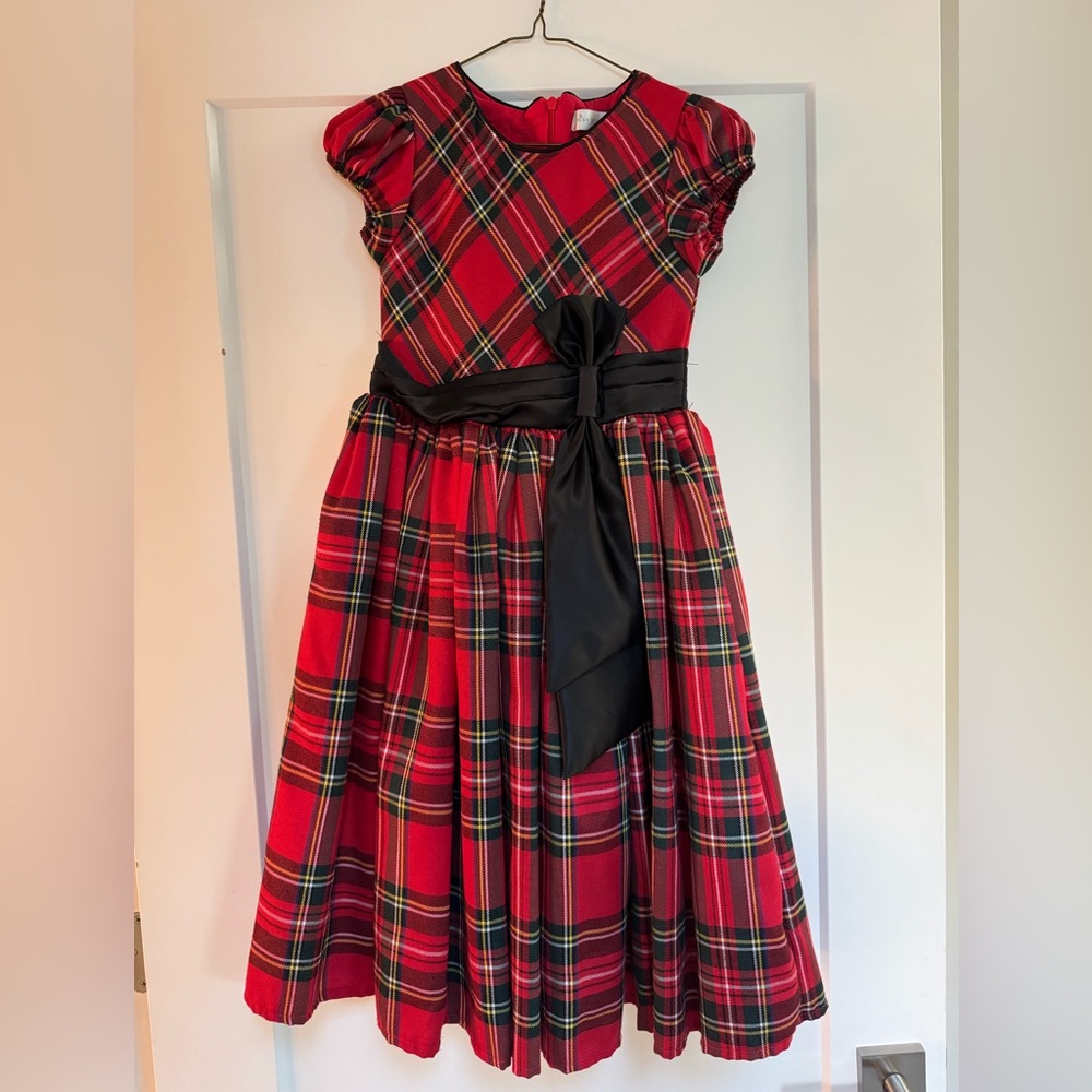 Trish Scully Holiday Plaid Red Kids Dress with Black Bow
